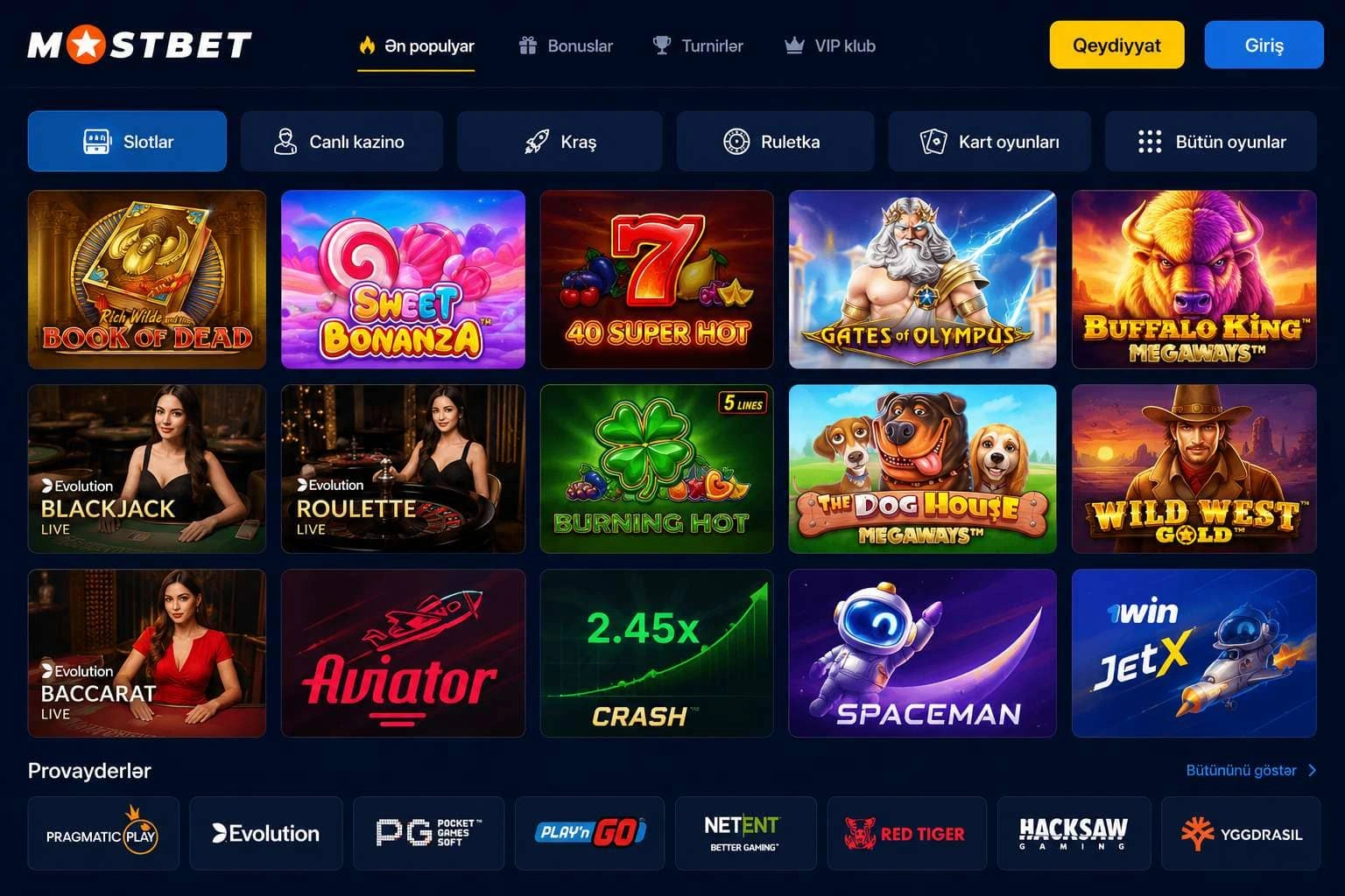 Mostbet AZ kazino oyunları — slot, canlı kazino və kraş provayderlər